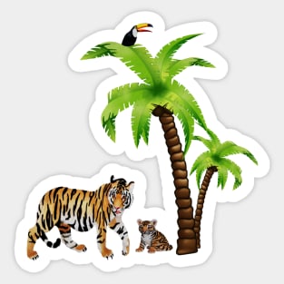 Tiger and Cub Tropical, Palm Tree Sticker